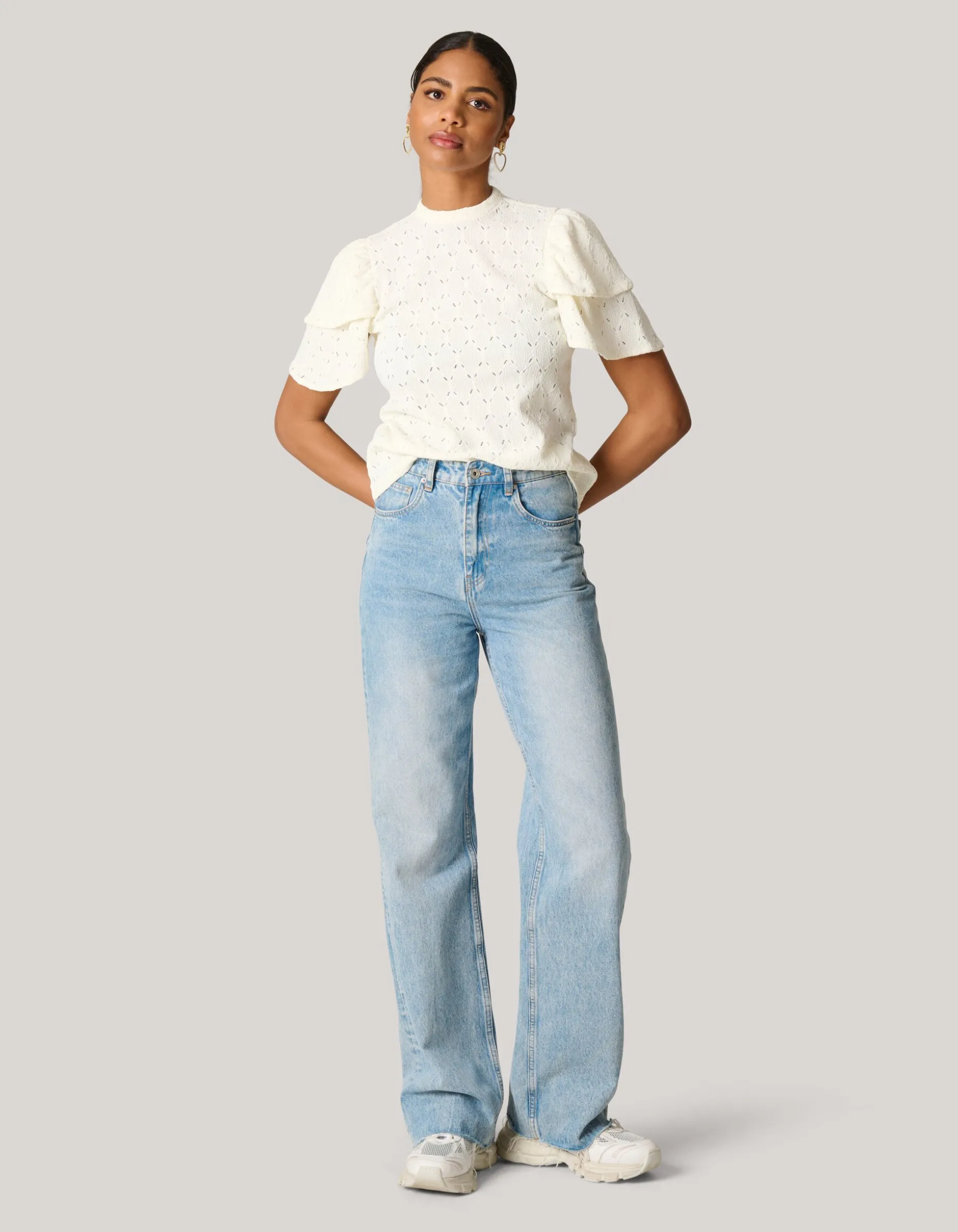 Ajour Ruffle Top Gebroken Wit