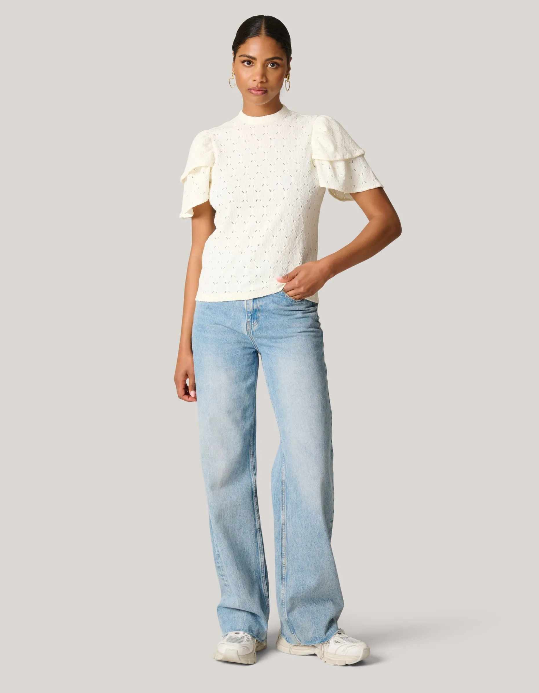 Ajour Ruffle Top Gebroken Wit