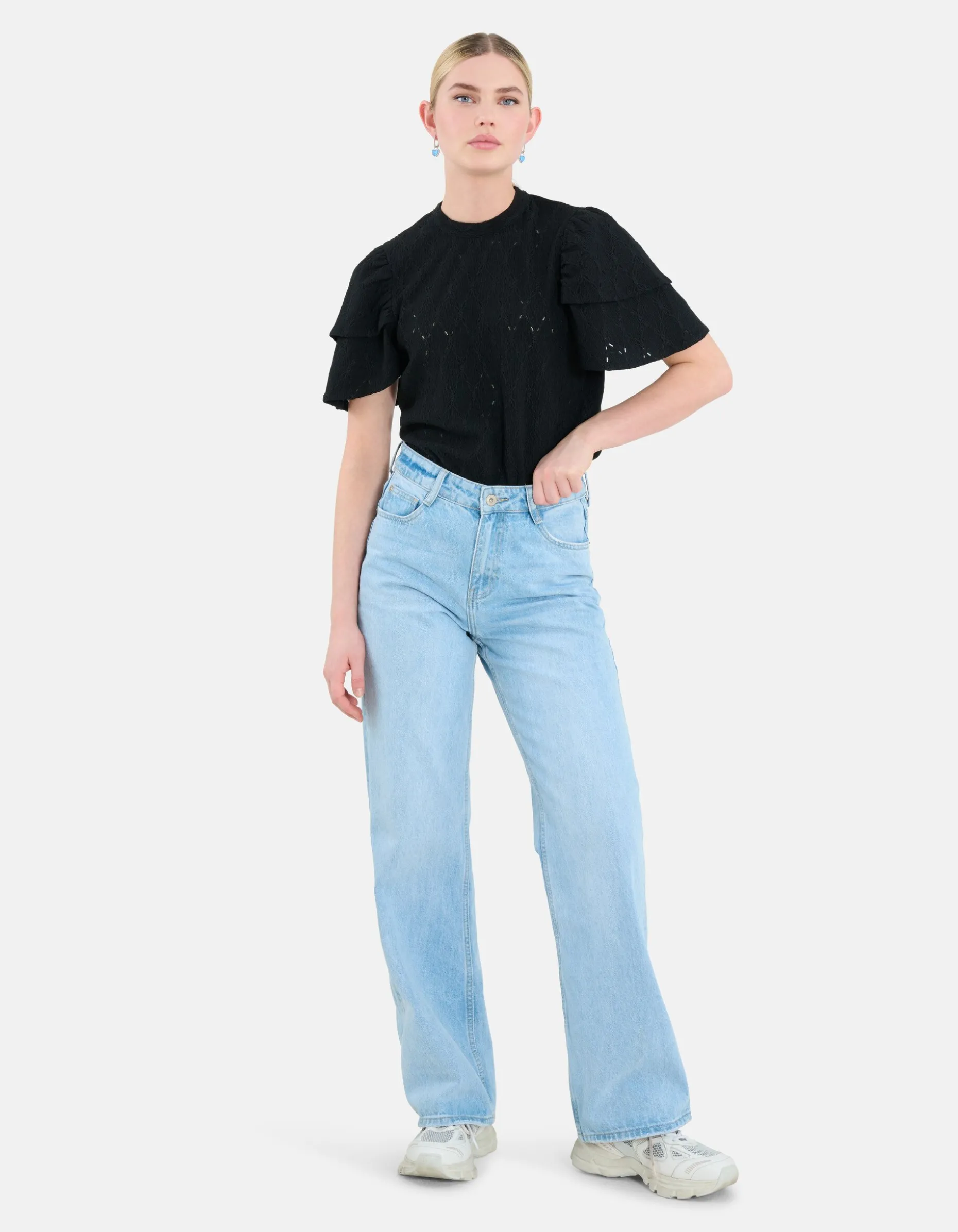 Ajour Ruffle Top Zwart