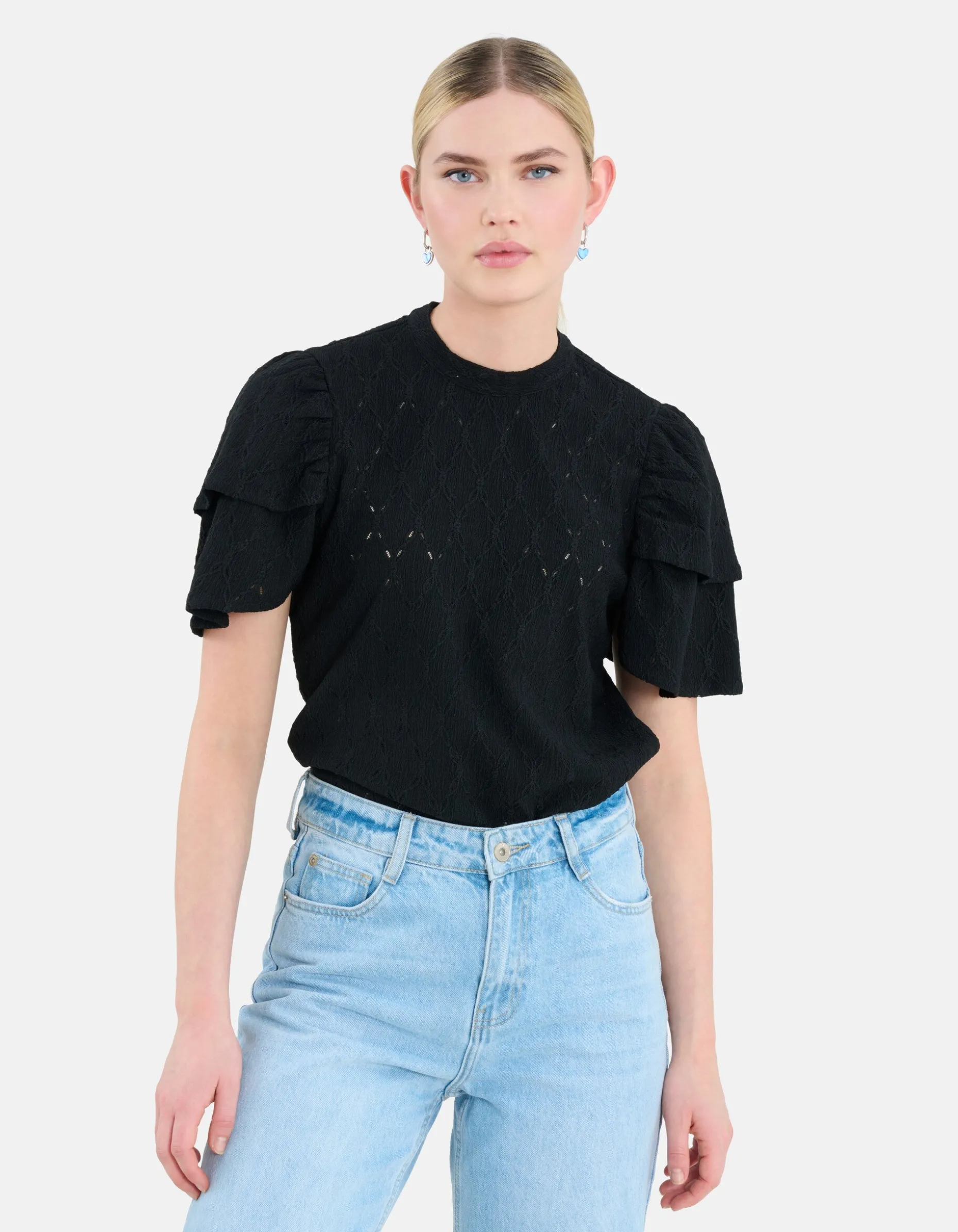Ajour Ruffle Top Zwart
