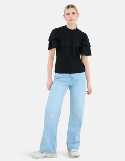 Ajour Ruffle Top Zwart