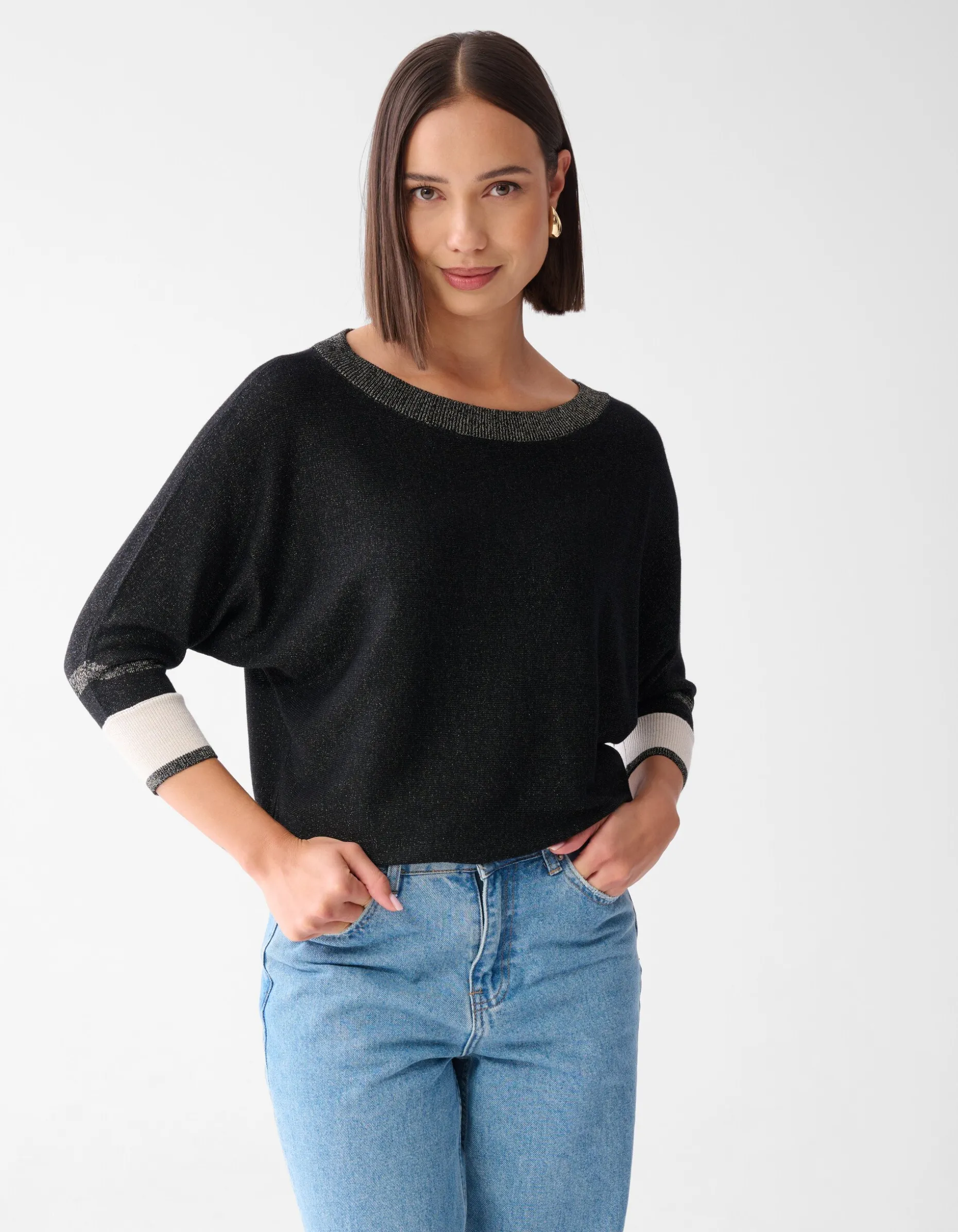 Colorblock Glitter Batwing Trui Zwart