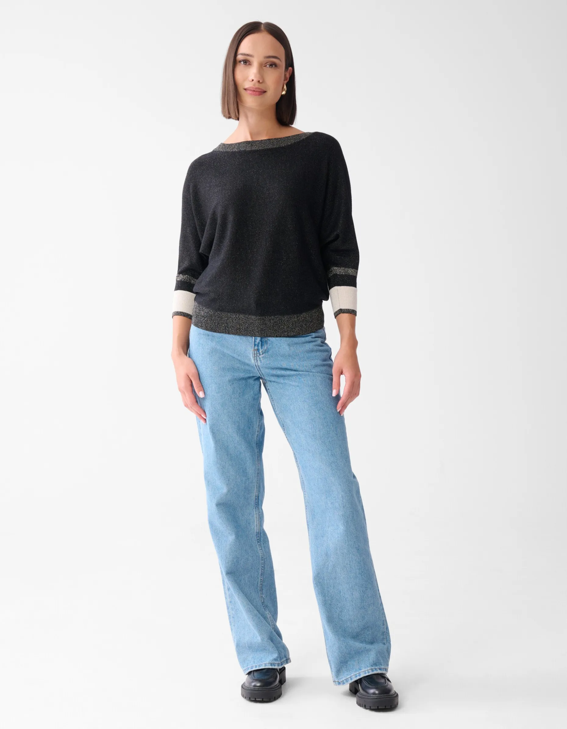 Colorblock Glitter Batwing Trui Zwart