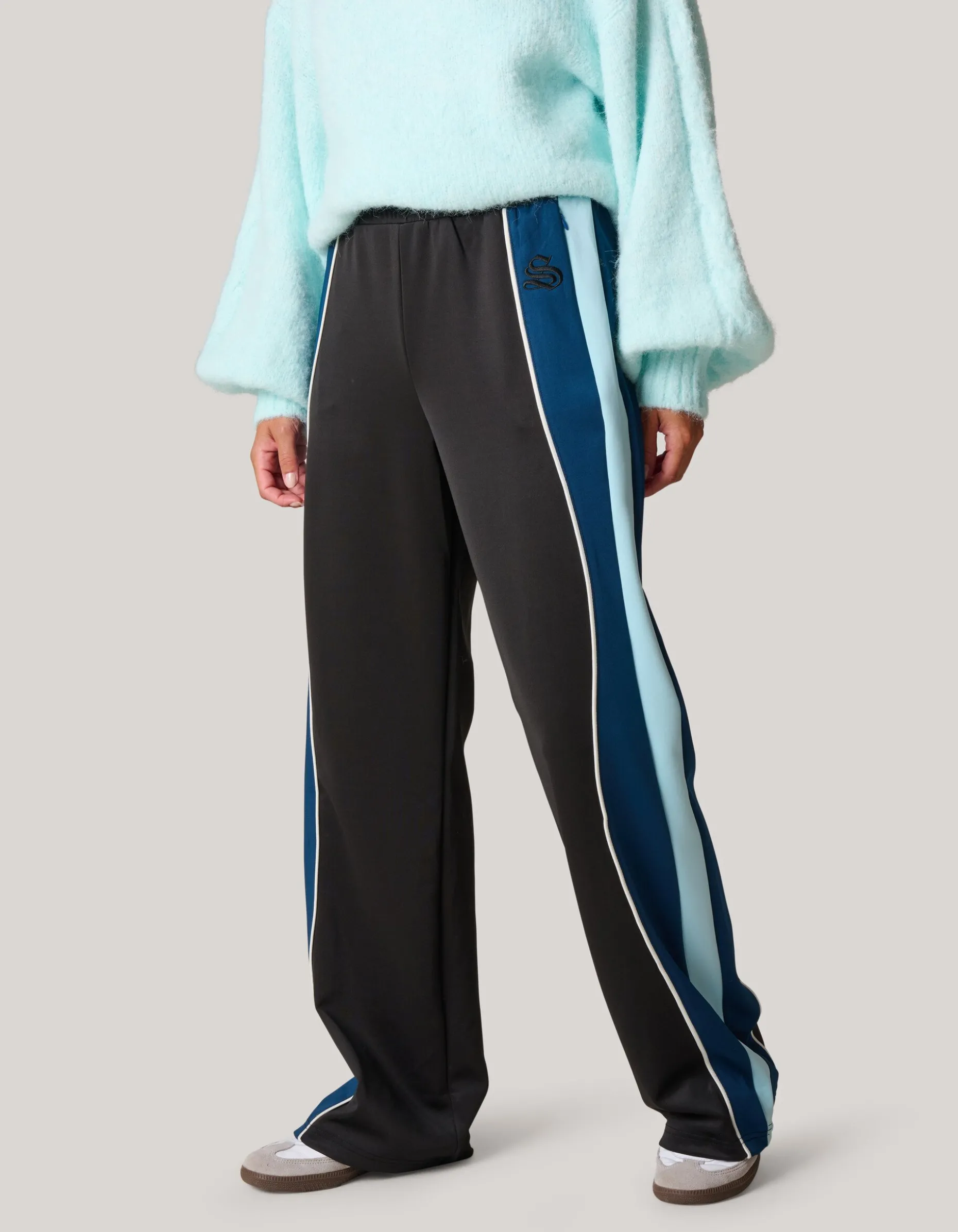 Colourblock Wide Leg Broek Zwart/blauw