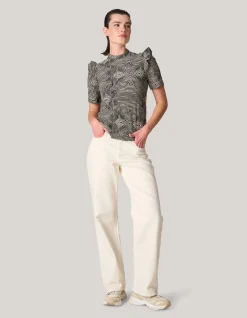 Crinkle Ruffle Top Gebroken Wit/Zwart