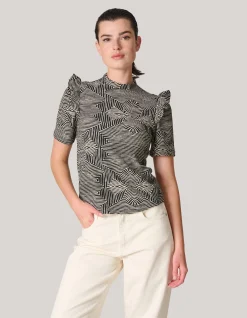 Crinkle Ruffle Top Gebroken Wit/Zwart