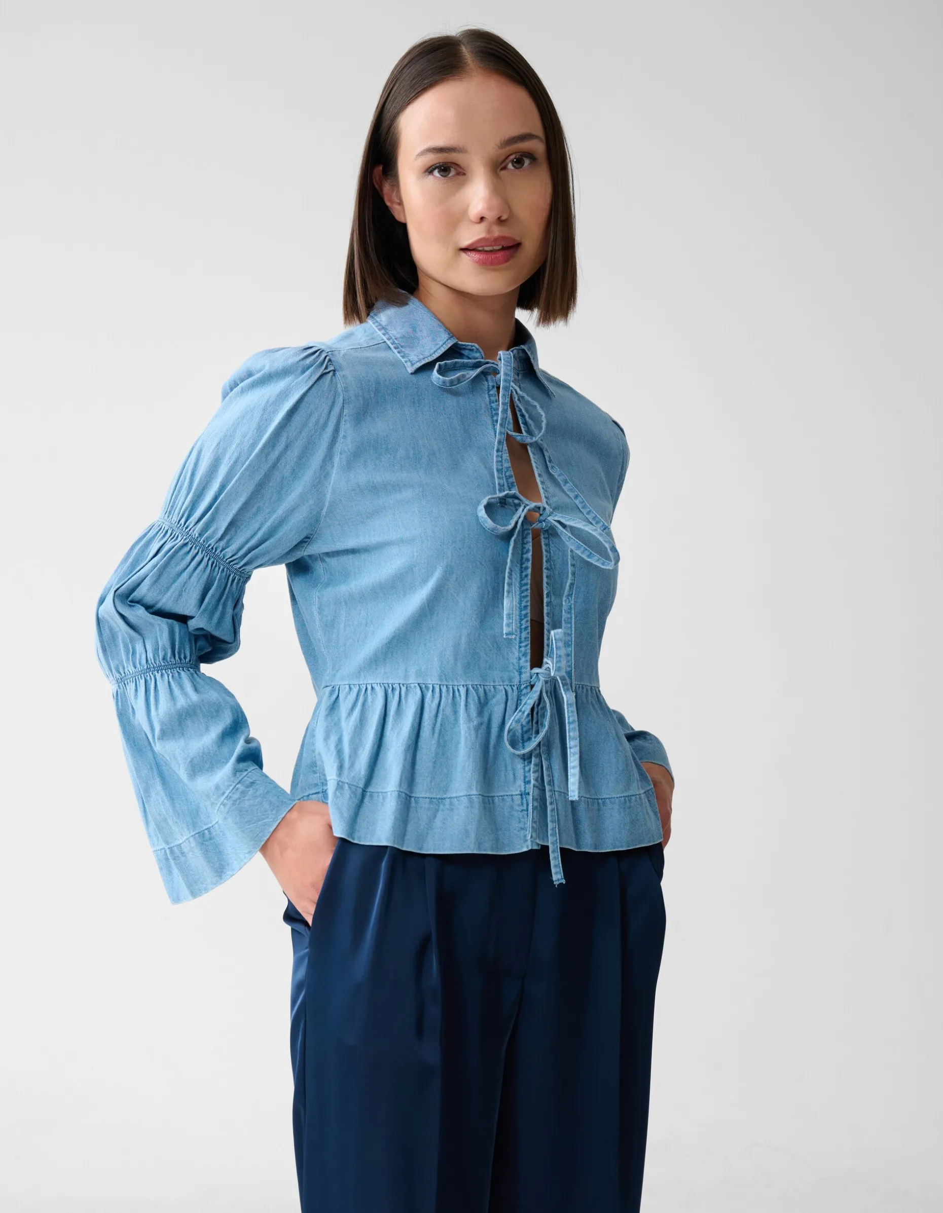 Denim Bow Blouse Blauw
