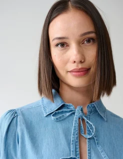 Denim Bow Blouse Blauw
