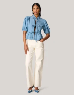 Denim Strik Top Blauw