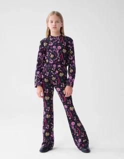 Doodle Print Rib Flared Legging Zwart