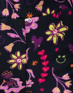 Doodle Print Rib Flared Legging Zwart