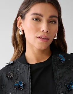 Flower Embellished Bomber Zwart