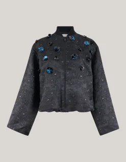 Flower Embellished Bomber Zwart