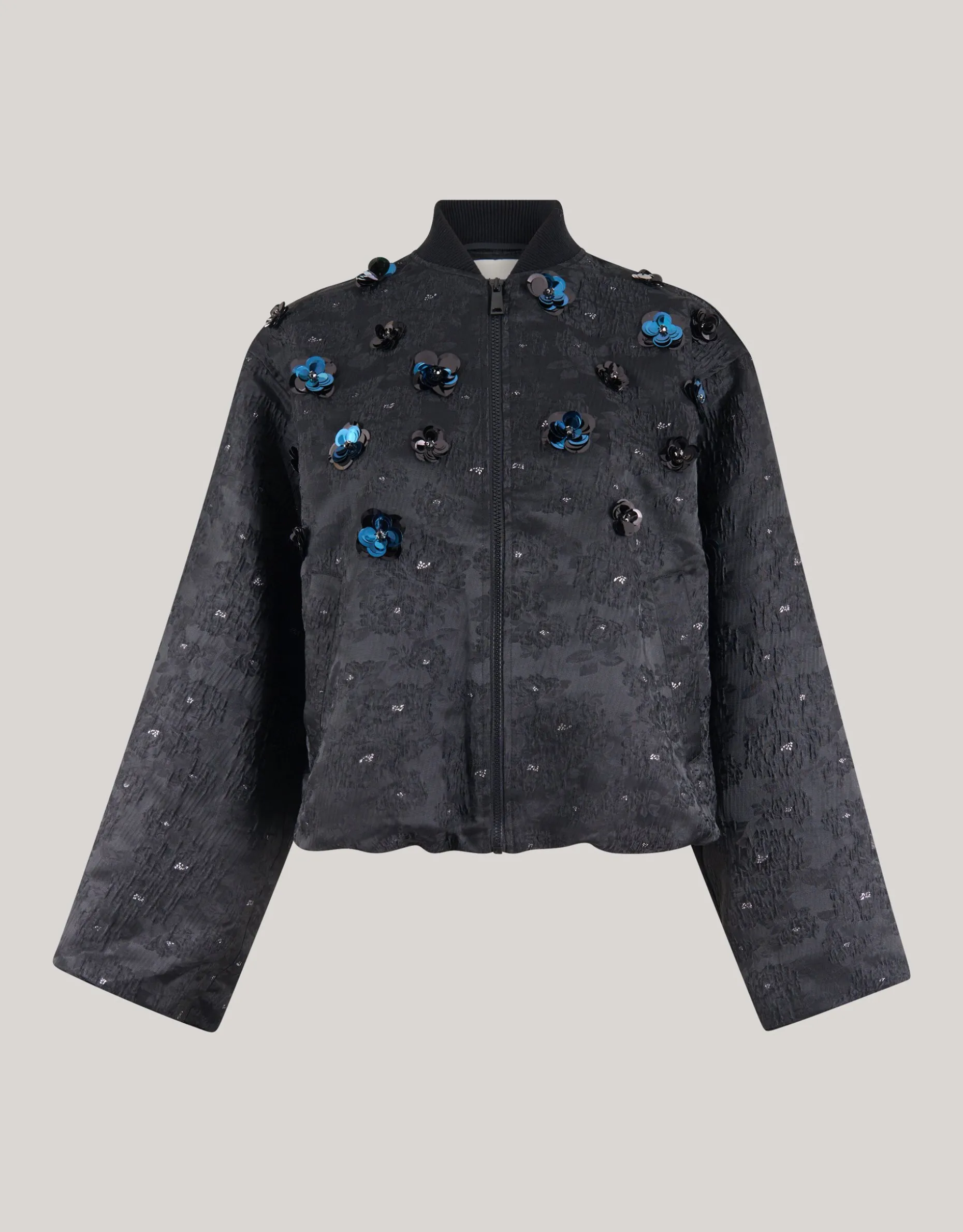 Flower Embellished Bomber Zwart