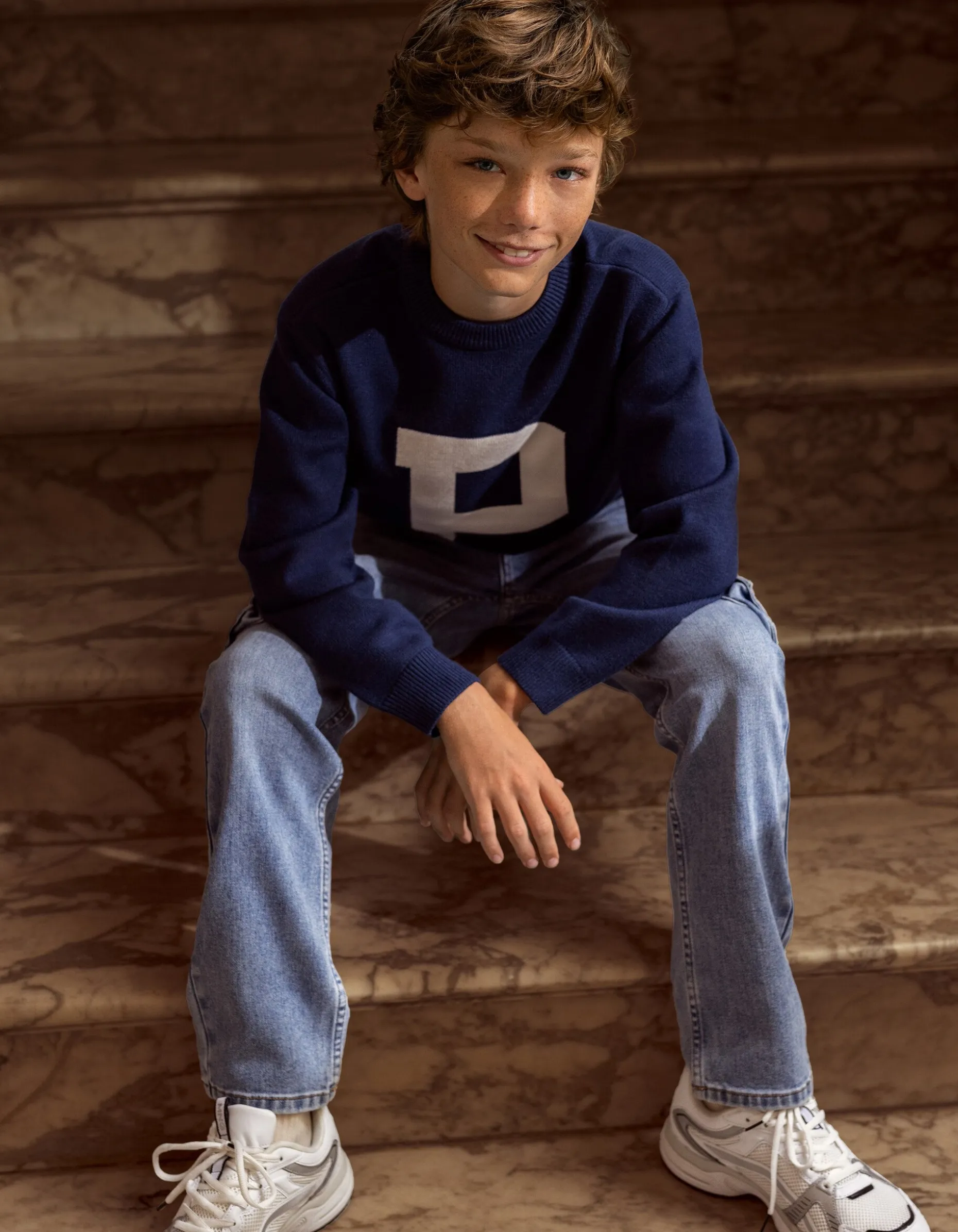 Jacquard Gebreide Trui Donkerblauw