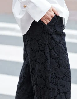 Kanten Wide Leg Broek Zwart