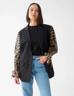 Leopard Poplin Sleeve Blazer Zwart