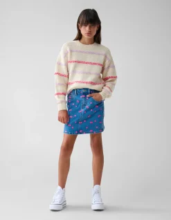 Printed Denim Mini Rok Blauw
