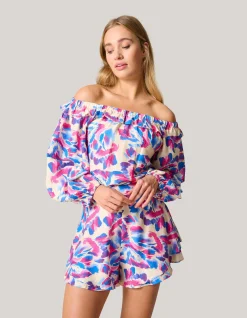 Printed Off Shoulder Top Gebroken Wit