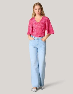 Printed Rib Jersey Ruffle Top Roze