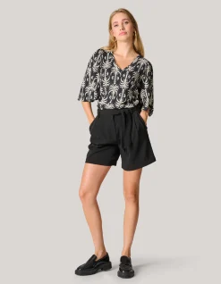 Printed Rib Jersey Ruffle Top Zwart