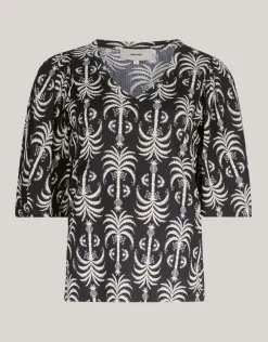 Printed Rib Jersey Ruffle Top Zwart