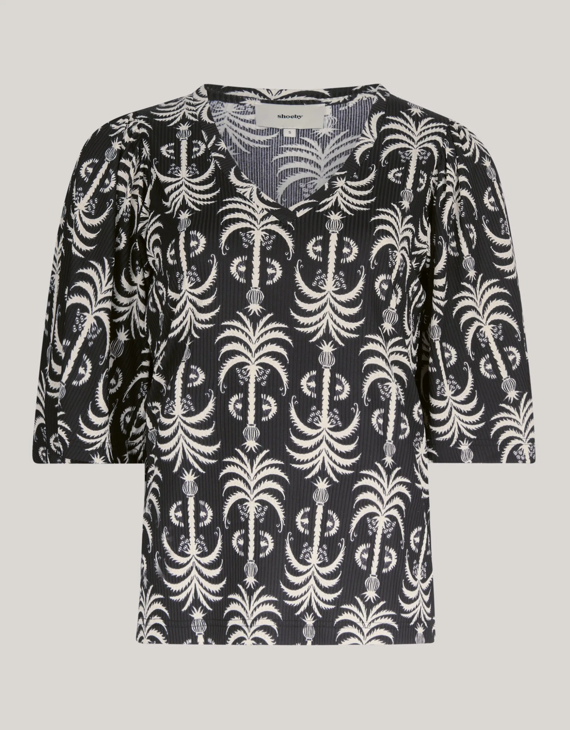 Printed Rib Jersey Ruffle Top Zwart