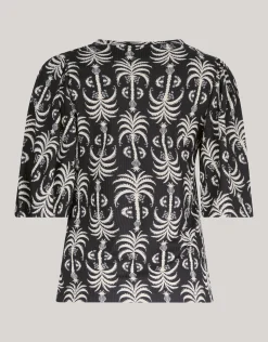 Printed Rib Jersey Ruffle Top Zwart