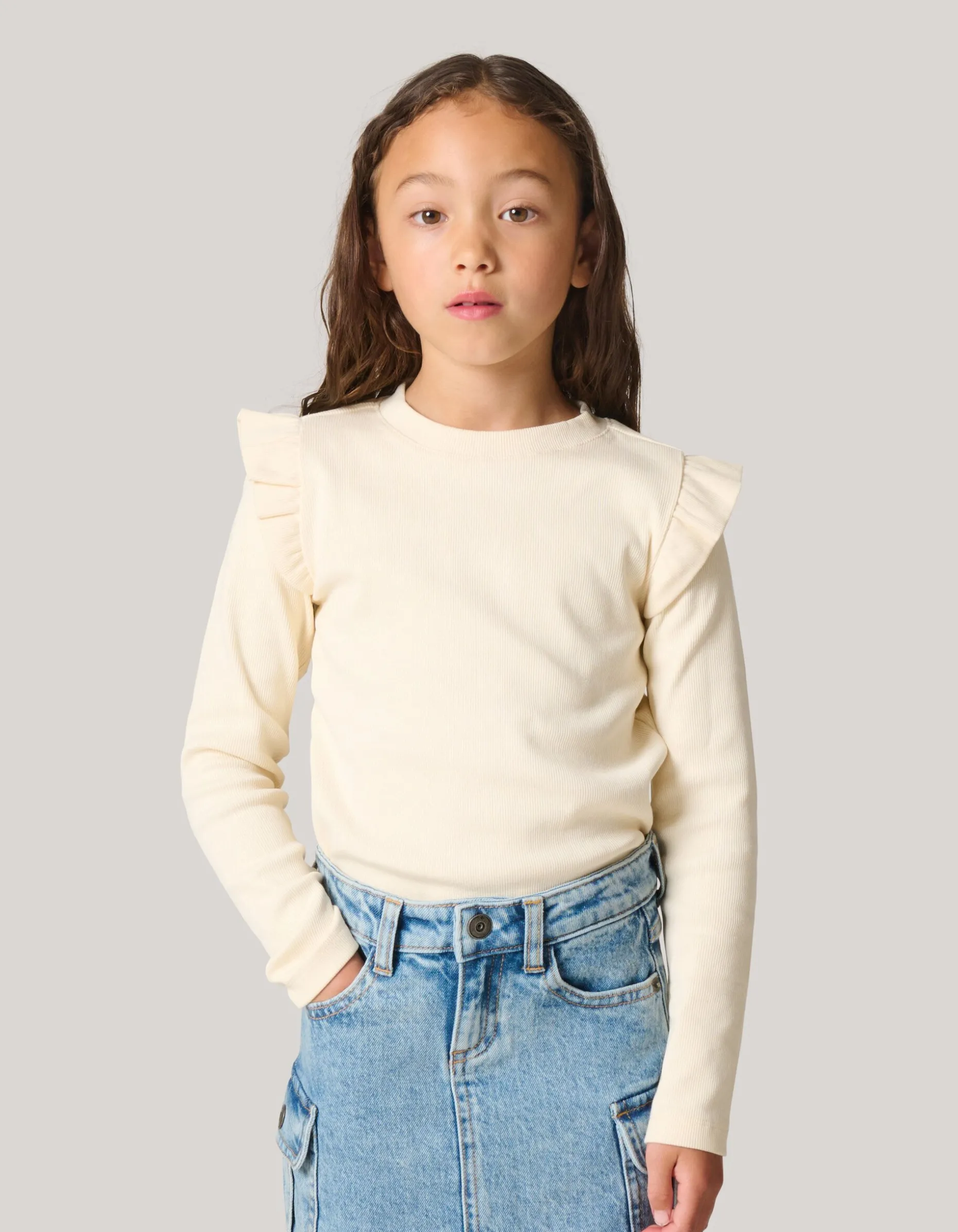 Ruffle Rib Longesleeve Top Gebroken Wit