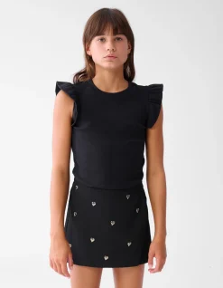 Ruffle Rib Top Zwart