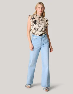 Satijnen Printed Ruffle Top Gebroken Wit