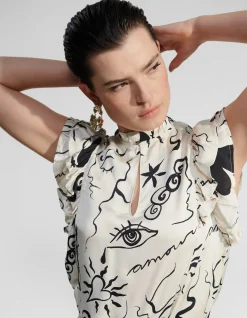 Satijnen Printed Ruffle Top Gebroken Wit