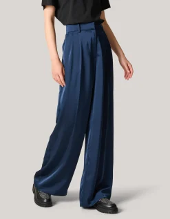 Satijnen Wide Leg Broek Donkerblauw