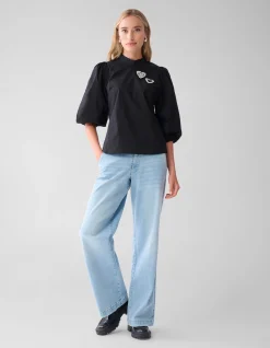 Strass Heart Poplin Blouse Zwart