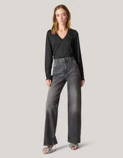 Strass Rib Jersey Top Zwart