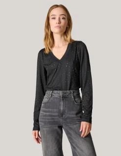 Strass Rib Jersey Top Zwart