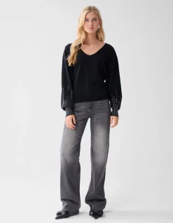 Studded Gebreide V-hals Trui Zwart