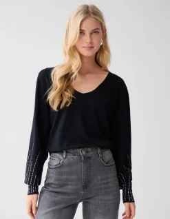 Studded Gebreide V-hals Trui Zwart