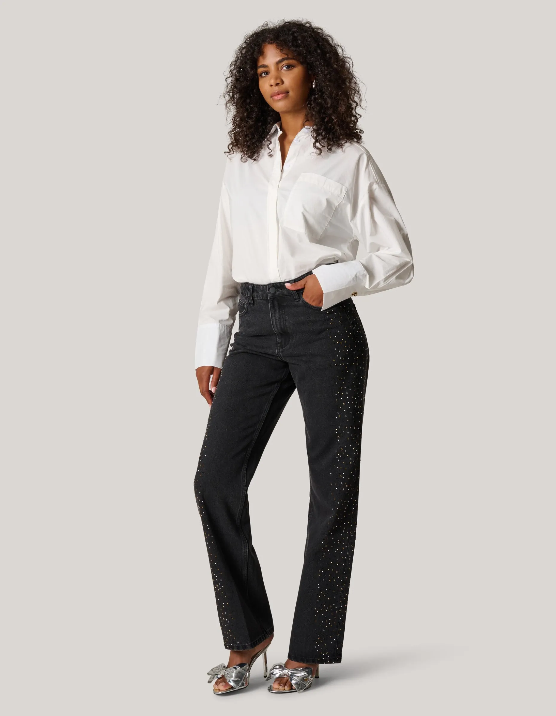 Studs Wide Leg Fit Jeans Donkergrijs