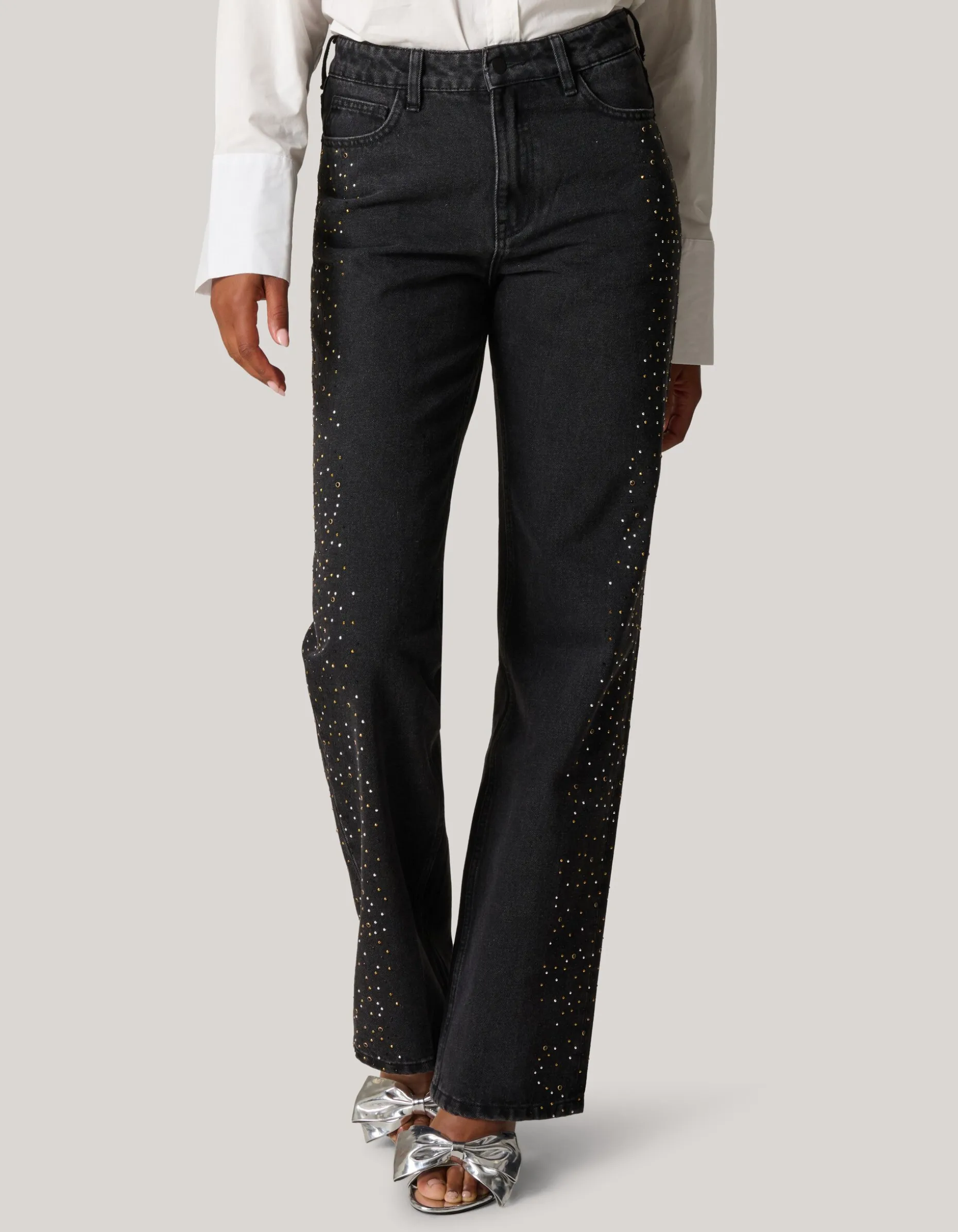 Studs Wide Leg Fit Jeans Donkergrijs