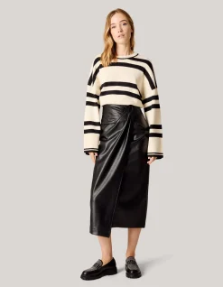 Vegan Leren Midi Rok Zwart