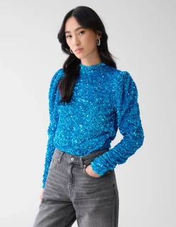 Velvet Pailletten Top Blauw