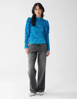 Velvet Pailletten Top Blauw