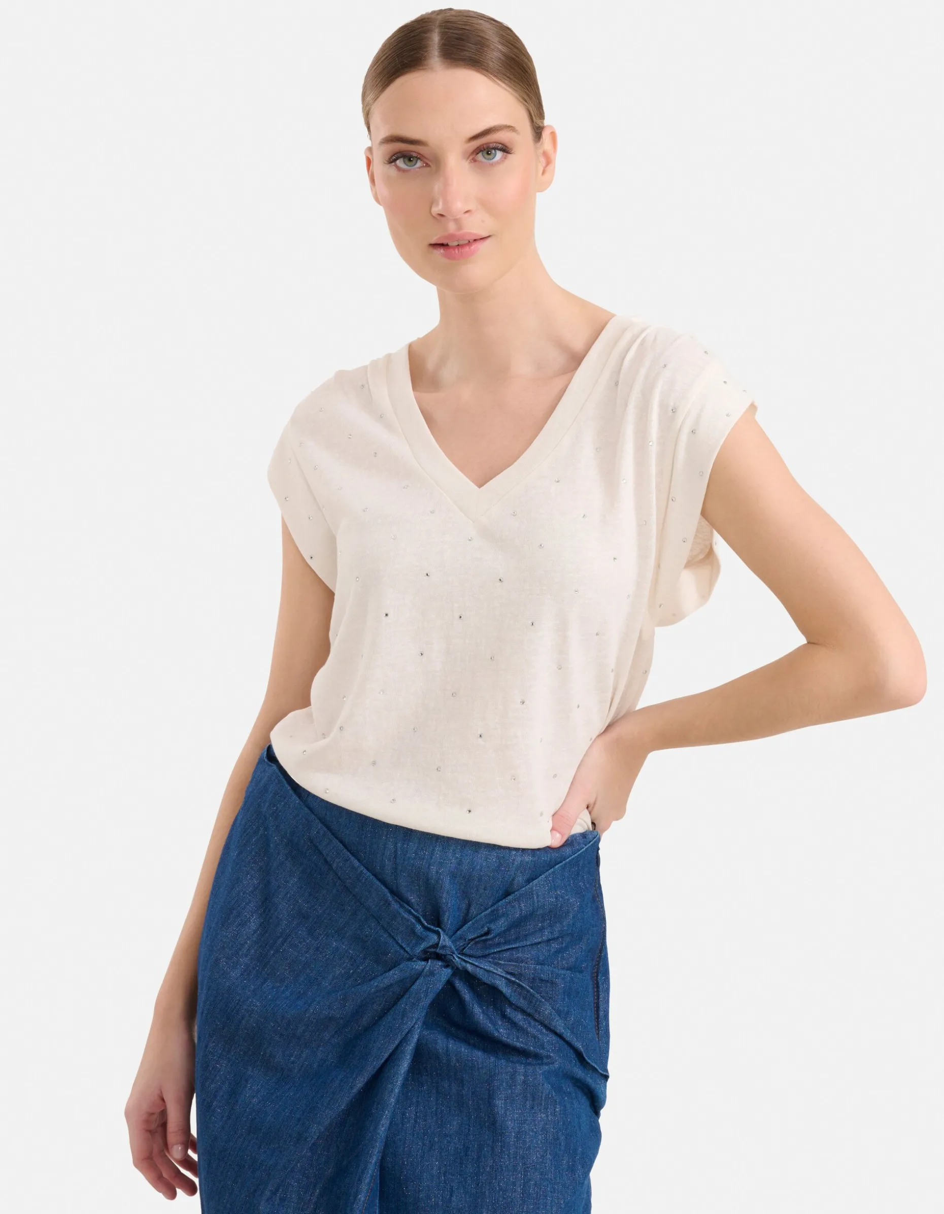 V-hals Strass T-shirt Gebroken Wit By Mieke