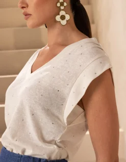 V-hals Strass T-shirt Gebroken Wit By Mieke